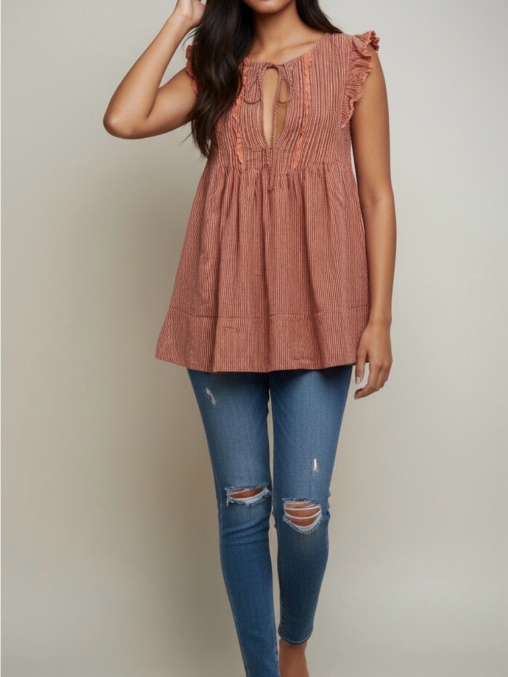 Free People Rust Ruffled Sleeve Tie-Front Top